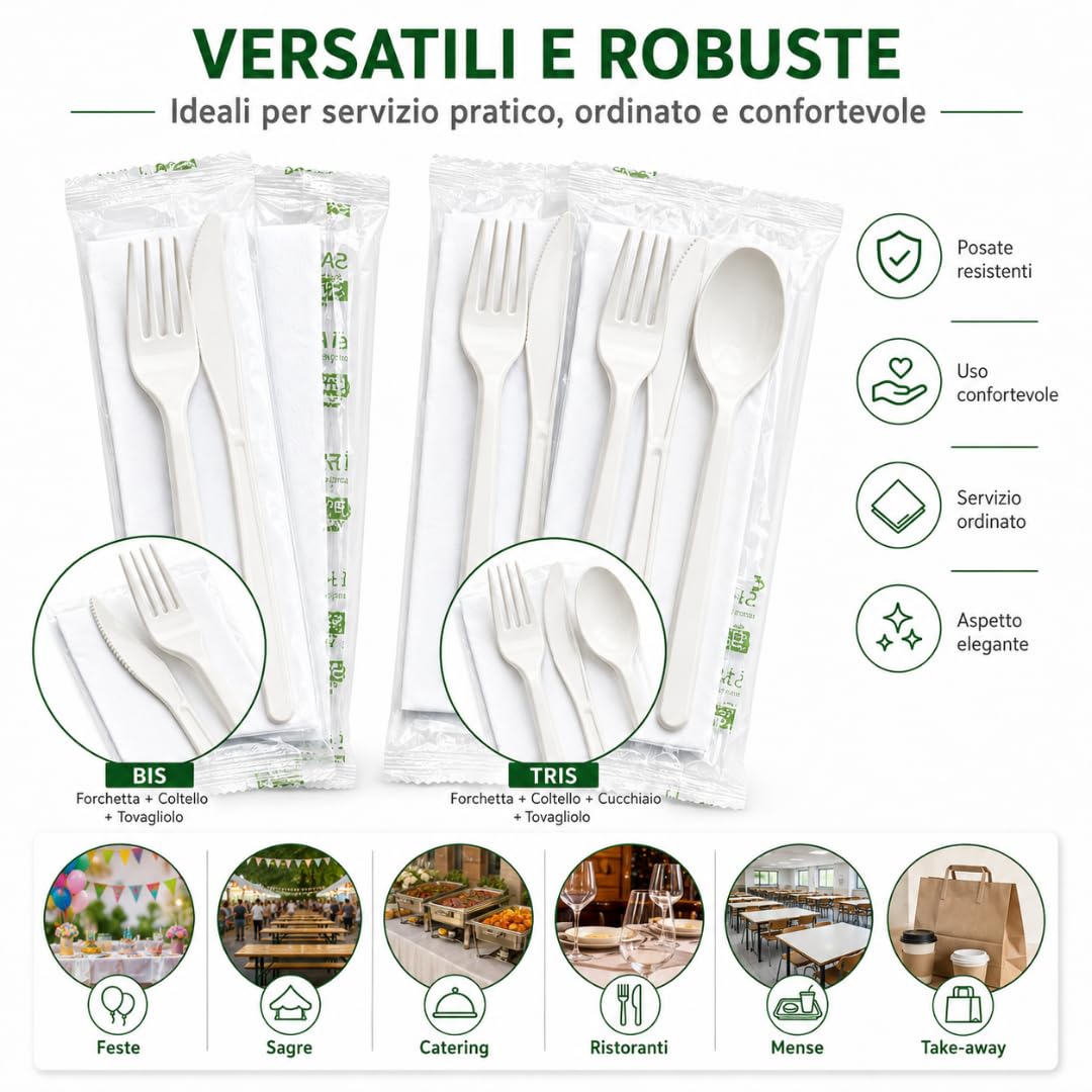 Tris di Posate Riutilizzabili Forchetta, Cucchiaio, Coltello e Tovagliolo Confezione 500 pezzi (500, Tris)