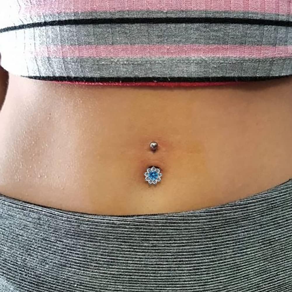 Fancy Studded Flower Design 925 Sterling Silver with G23 Grade Titanium Belly Ring - Belly Button jewelry - Navel jewelry