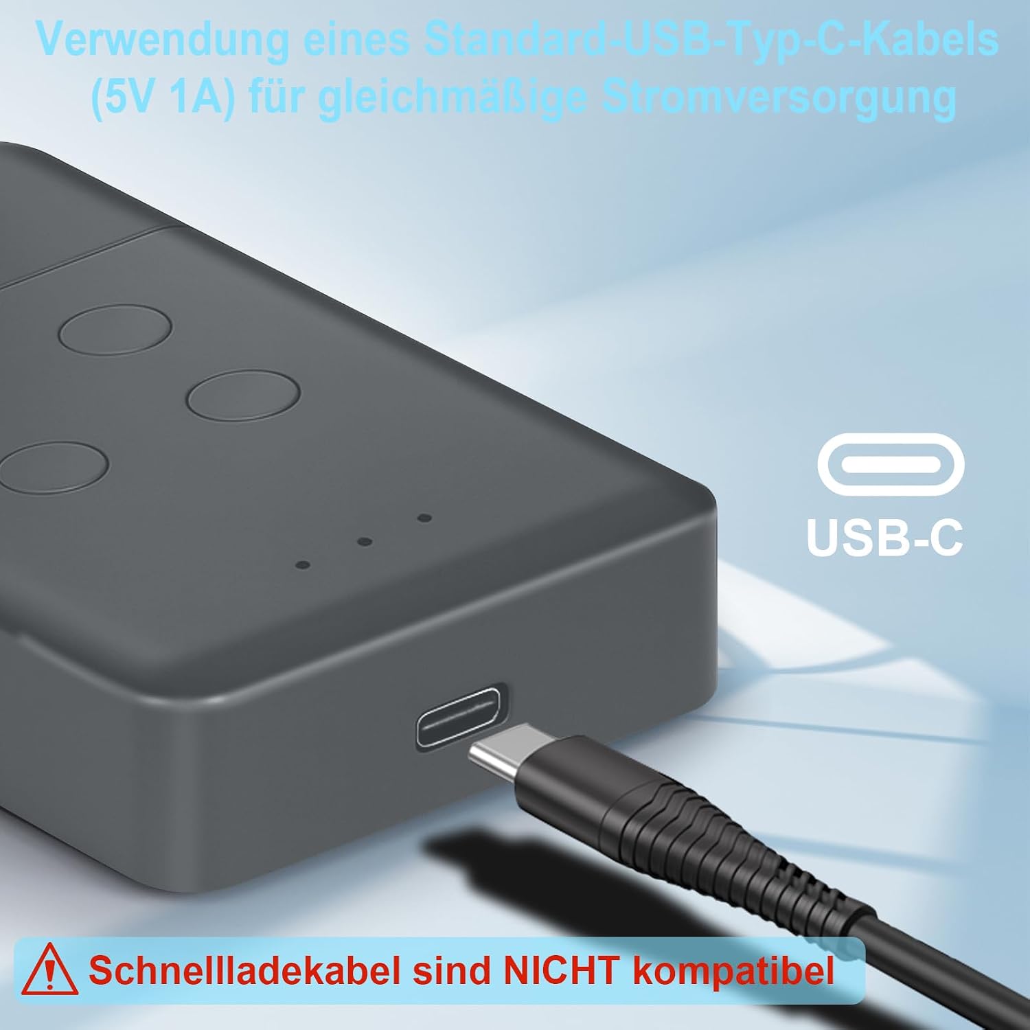 Close-up image of the pepape Smart WLAN Garage Door Opener with a USB-C cable being connected to its port.