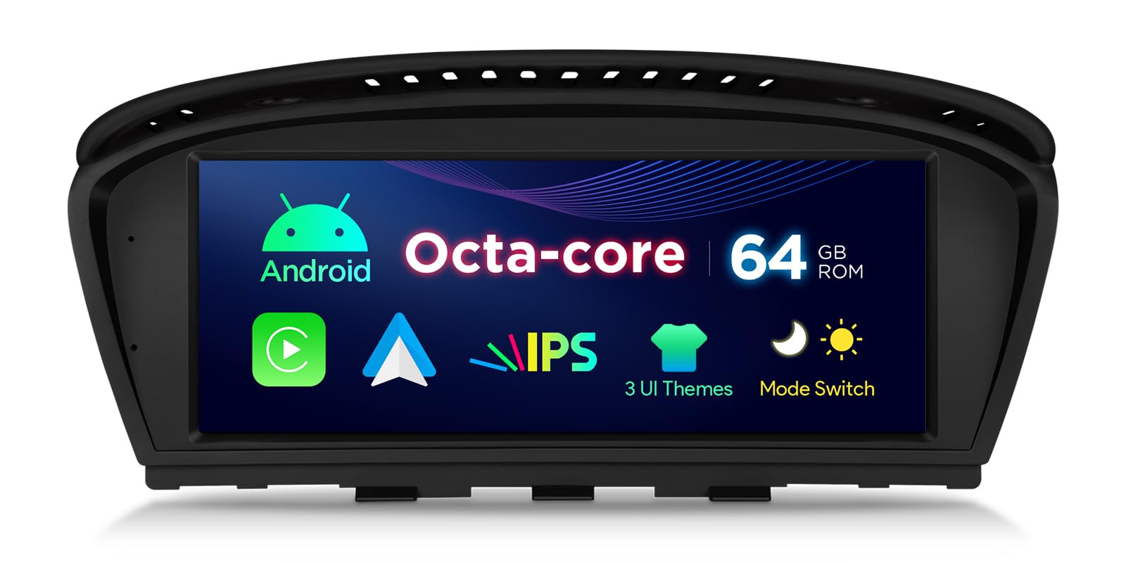 XTRONS QTB8060CI car stereo installed in a BMW dashboard, showing the large screen integrated into the vehicle's interior.