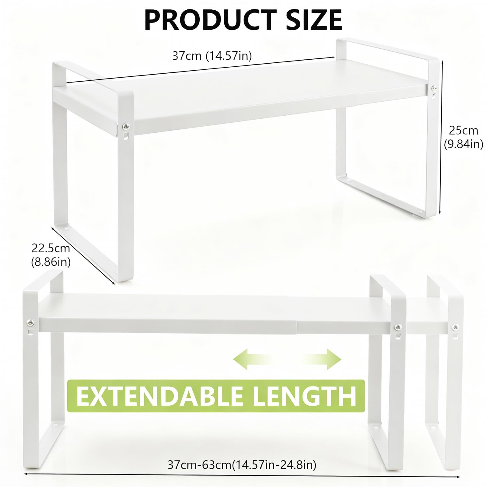 Cozary Estantería de Cocina Extensible (37-63cm), Metal Estanteria Cocina, para Utensilios, Aperitivos o Libros, más Espacio de Almacenamiento, para Armarios de Cocina y Encimeras, Despensa, Blanco