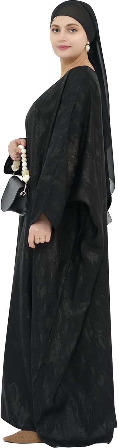 Elegant Eid Clothes Women Muslim Glossy Batwing Sleeve Abaya Ramadan Prayer Dress with Belt - Image 4