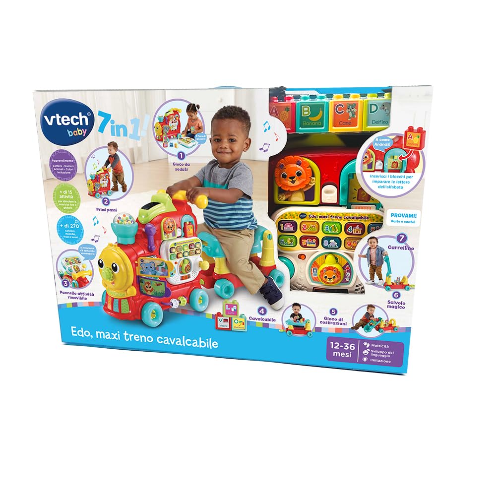 VTech Edo, Maxi Tren para Montar a Caballo, Tren eléctrico y Juguete multiactividad 7 en 1, Juego de Formas con más de 270 Sonidos, melodías y Bloques educativos, Idioma Italiano, Pilas Incluidas,