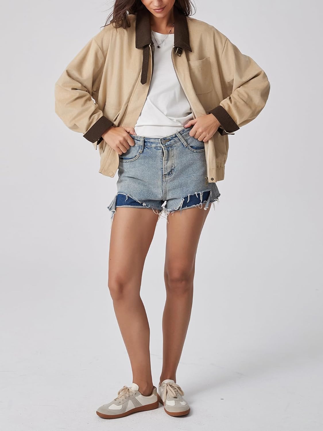 LADYFUL Women's Faux Suede Leather Jacket Casual Fall Winter Oversized Bomber Barn Coat Corduroy Collar Trendy Outerwear - Image 3