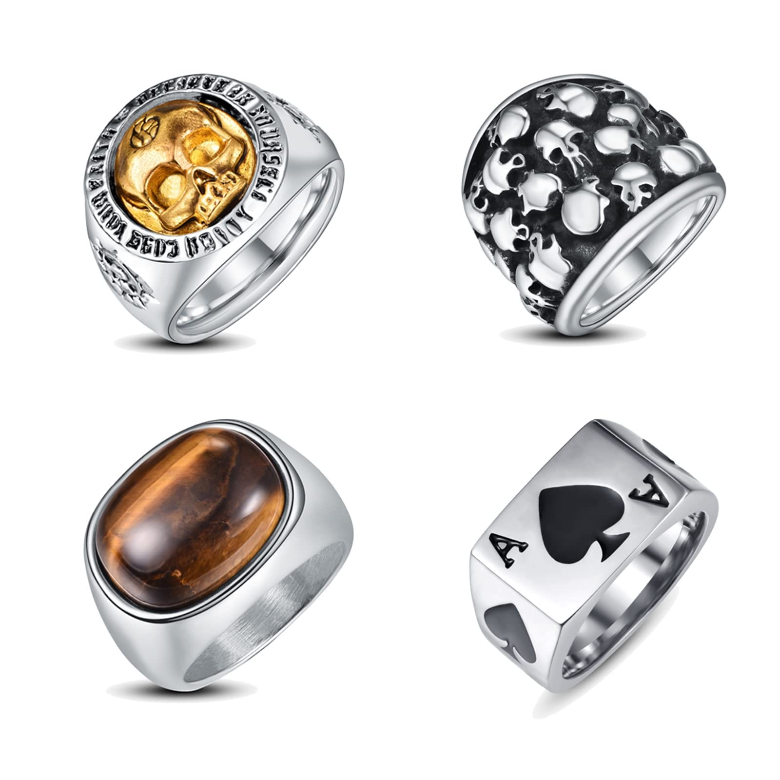 NUNCAD4Pcs Rings for Men Stainless Steel Rings Set Vintage Punk Ring Skull Ring Set Ace of Spades Mens Poker Ring Gothic Biker Ring Silver Rings Set Size O-Y
