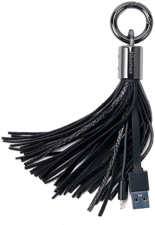 Lightning USB Leather Tassel Key Chain iPhone Charger, Compatible Cable with 7-Inch 2.4 Amp ChargeSync Cable for iPhone, iPad (Black)