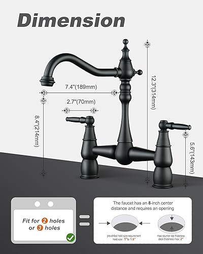 Miniatura 5 de Grifo de cocina de puente negro mate, grifo de fregadero de cocina de latón de 2 agujeros, boquilla giratoria de 360, grifo vintage de doble asas