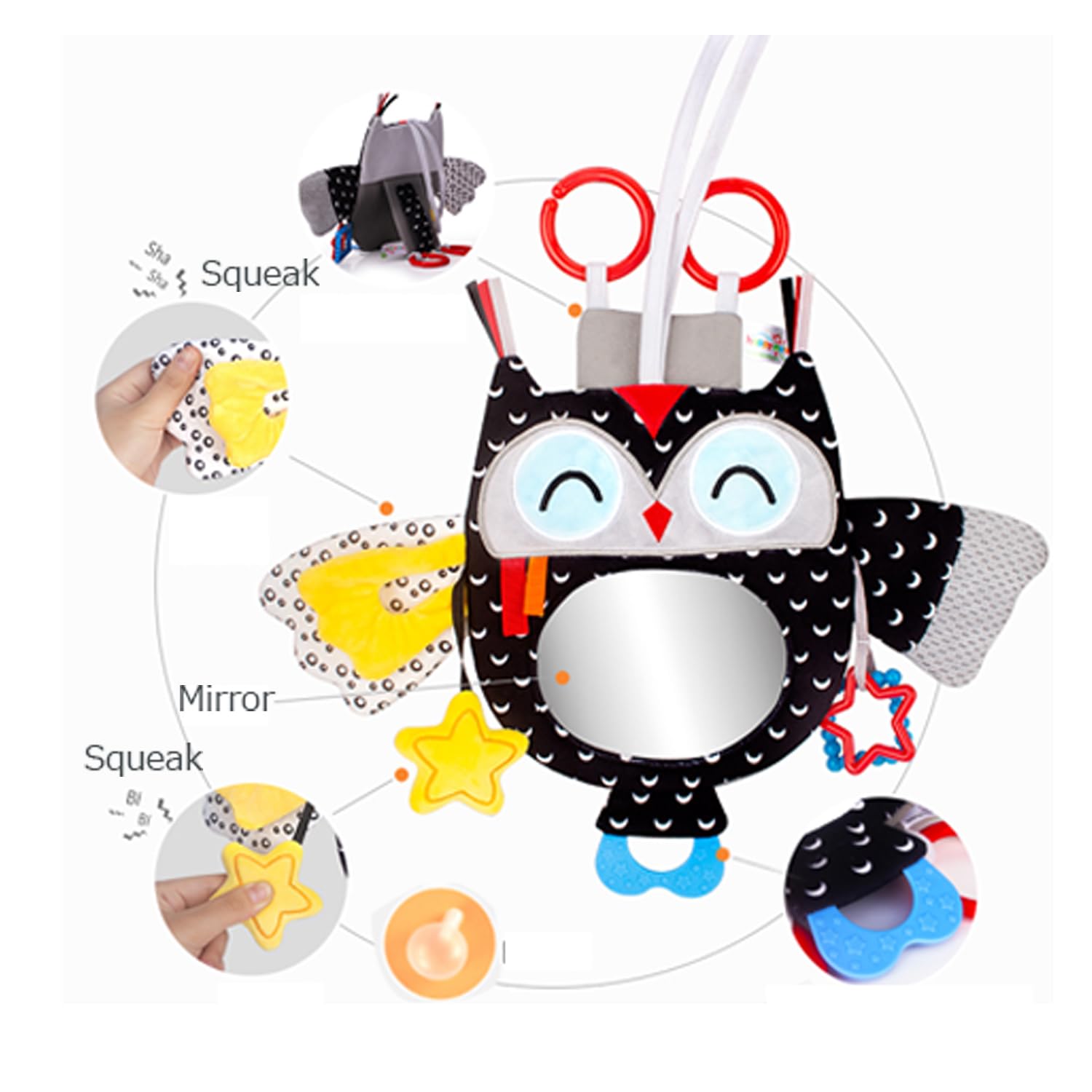 Giocattolo da Appendere per attività per Bambini con Specchio per Auto in-Sight, Regolabile per seggiolini Auto, passeggini, culle e Tempo sulla Pancia, con sonagli (Owl)