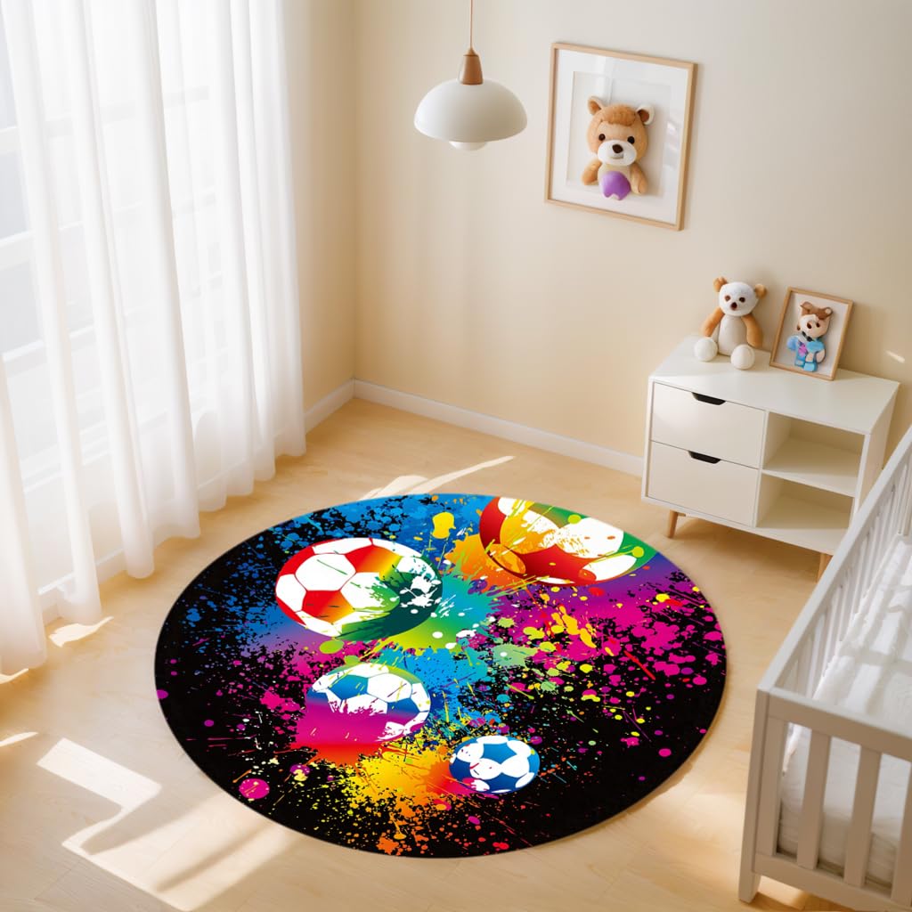 Runder Fußball-Teppich, 120 cm, rutschfeste Mikrofaser, für Schlafzimmer, Wohnzimmer, Arbeitszimmer, Nachttisch, Kinderzimmer, Bodenmatte, Teppich, Heimdekoration, 120 cm