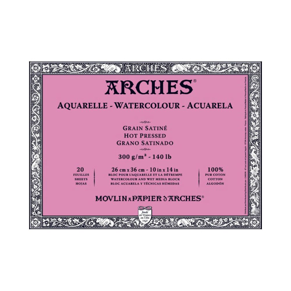 Arches 1795073 Aquarellpapier im Block (26 x 36 cm, 4-seitig geleimt, 300g/m² Satiniert) 20 Blatt naturweiß