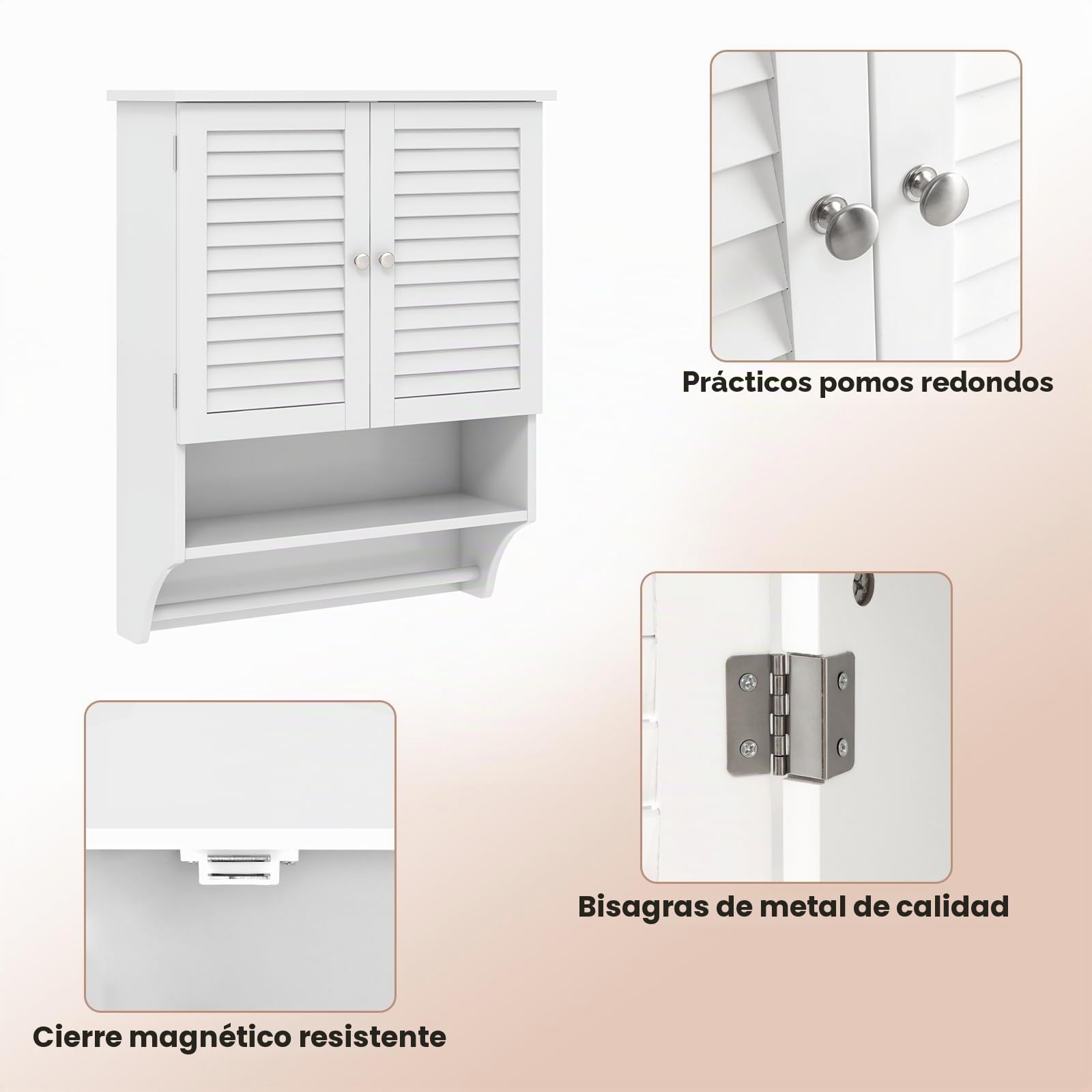 GIANTEX Armario de Pared para Baño, Armario Colgante de Madera con 2 Puertas Persianas, 3 Estantes y 1 Toallero, 60 x 22 x 75 cm, Mueble de Almacenamiento para Baño, Comedor, Entrada (Blanco)