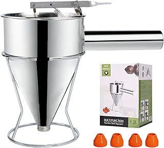 Teigportionierer, 1200ml Edelstahl Pfannkuchen Teigspender, Multi-Kaliber Küchen Backtrichter, Portionierer Teig mit Ständer und 4 Verschiedenen Düsen für Pfannkuchen Desserts