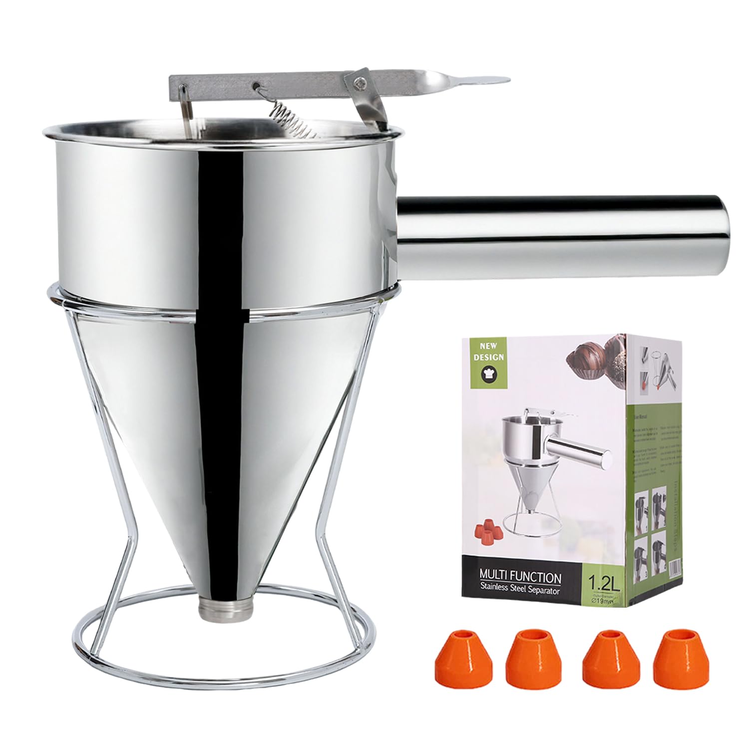 Imbuto Cucina, 1200ml Imbuto per Pasticceria da Cucina in Acciaio Inox, Dosatore per Impasti con Supporto e 4 beccucci in silicone per Torte, Frittelle, Dessert, Waffle, Muffin
