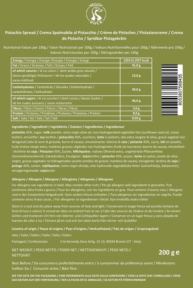Veggy Duck - Crema de Pistacho (200g) | Con 45% Pistachos | Sabor Dulce | Comida Artesanal Italiana Gourmet | Ideal para Desayunos y Postres