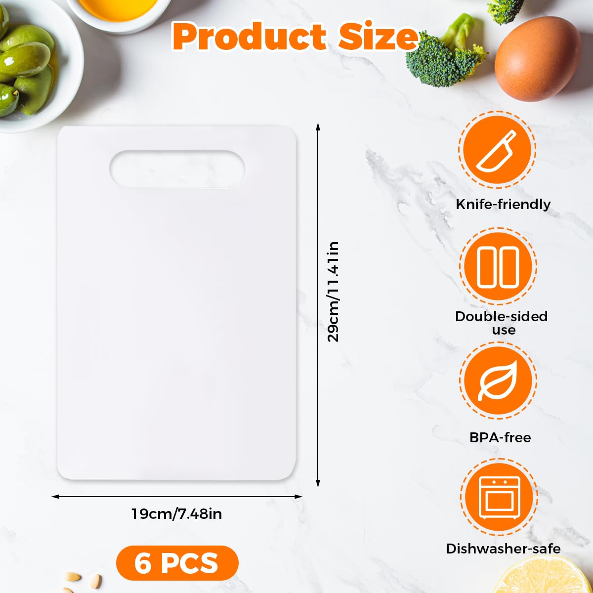 6 Piezas Tablas de Cortar en Plástico, 29x19cm Tablas de Corte Plástico, Antibacterianas, Blanco Tabla de Corte, Tabla Cortar Cocina para Frutas, Carnes, Verduras, Apta para Lavavajillas