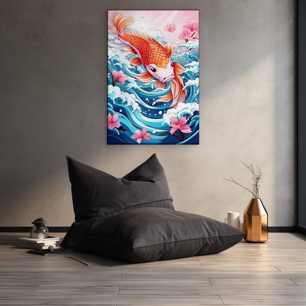 Canvas for Living room. Leap of Grace: The Dynamic Dance of a Koi Fish in Living Color, 27 x 18 inch Canvas Wall Art - Ready to Hang - 69x46 cm (27x18 inch)