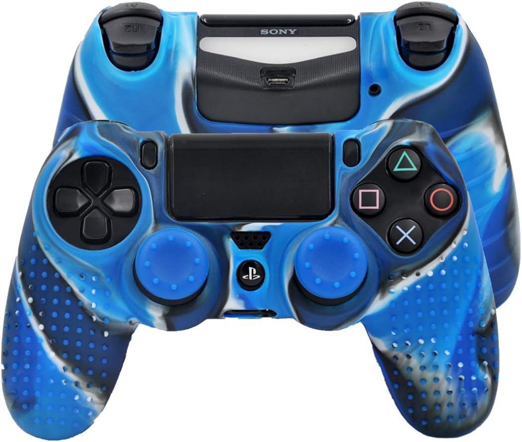 Silicone Case Anti-Slip Protective Grip Cover for PS4 Controller with 4 Thumb Grips(Blue Camo)