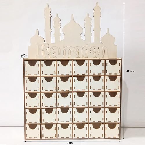 Miniatura 4 de ULTNICE Calendario de Adviento de madera, calendario de cuenta regresiva de Eid Mubarak, cajón de madera, decoración de Ramadán musulmán para