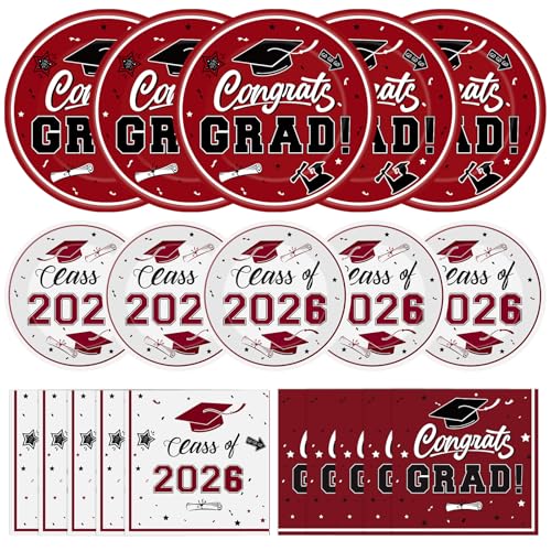 Litmitfu 150 Pcs Graduation Plates and Napkins 2026 - Maroon Congrats Grad Class of 2026 Paper Dessert Dinner Plates Napkins Set for Graduation Party Decorations Supplies Table Decor, Serves 50
