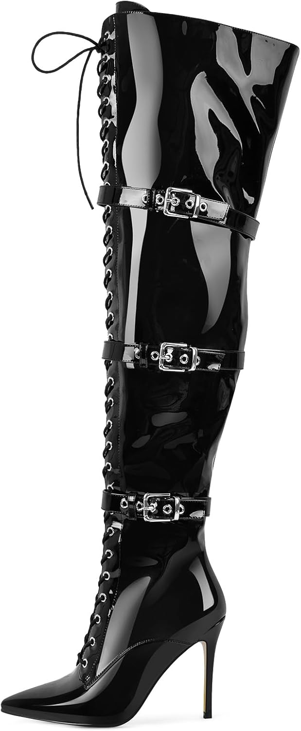 Only maker Women's Over-The-Knee Stiletto Boots Pointed Toe with Adjustable Laces Metal Buckles