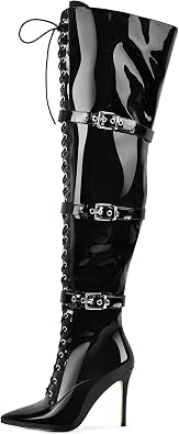 Only maker Womens Over-The-Knee Stiletto Boots Pointed Toe with Adjustable Laces Metal Buckles
