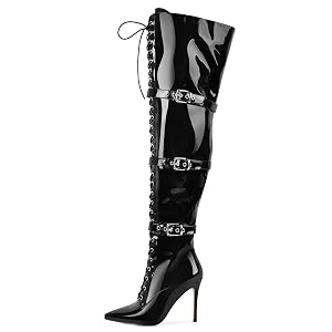Only maker Womens Over-The-Knee Stiletto Boots Pointed Toe with Adjustable Laces Metal Buckles