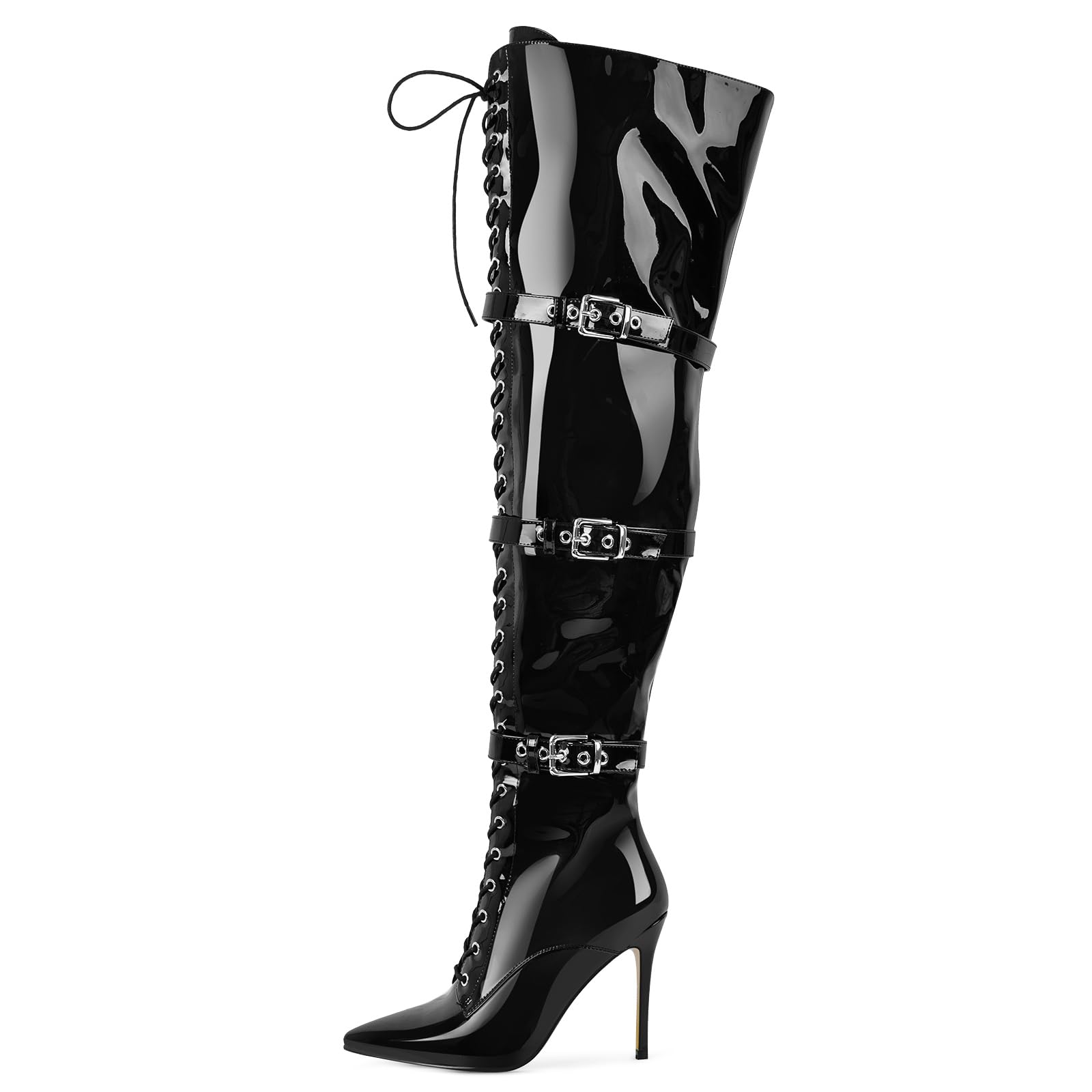 Only maker Womens Over-The-Knee Stiletto Boots Pointed Toe with Adjustable Laces Metal Buckles
