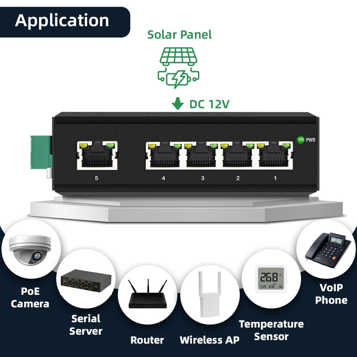 Interruttore di rete industriale Gigabit a 5 porte con amplificatore di tensione DC12 V-48 V a DC48 V, 4 porte IEEE802.3 af/a 30 W POE 120 W, IP40, potenza compatta POE per sistema solare / trunk/VoIP