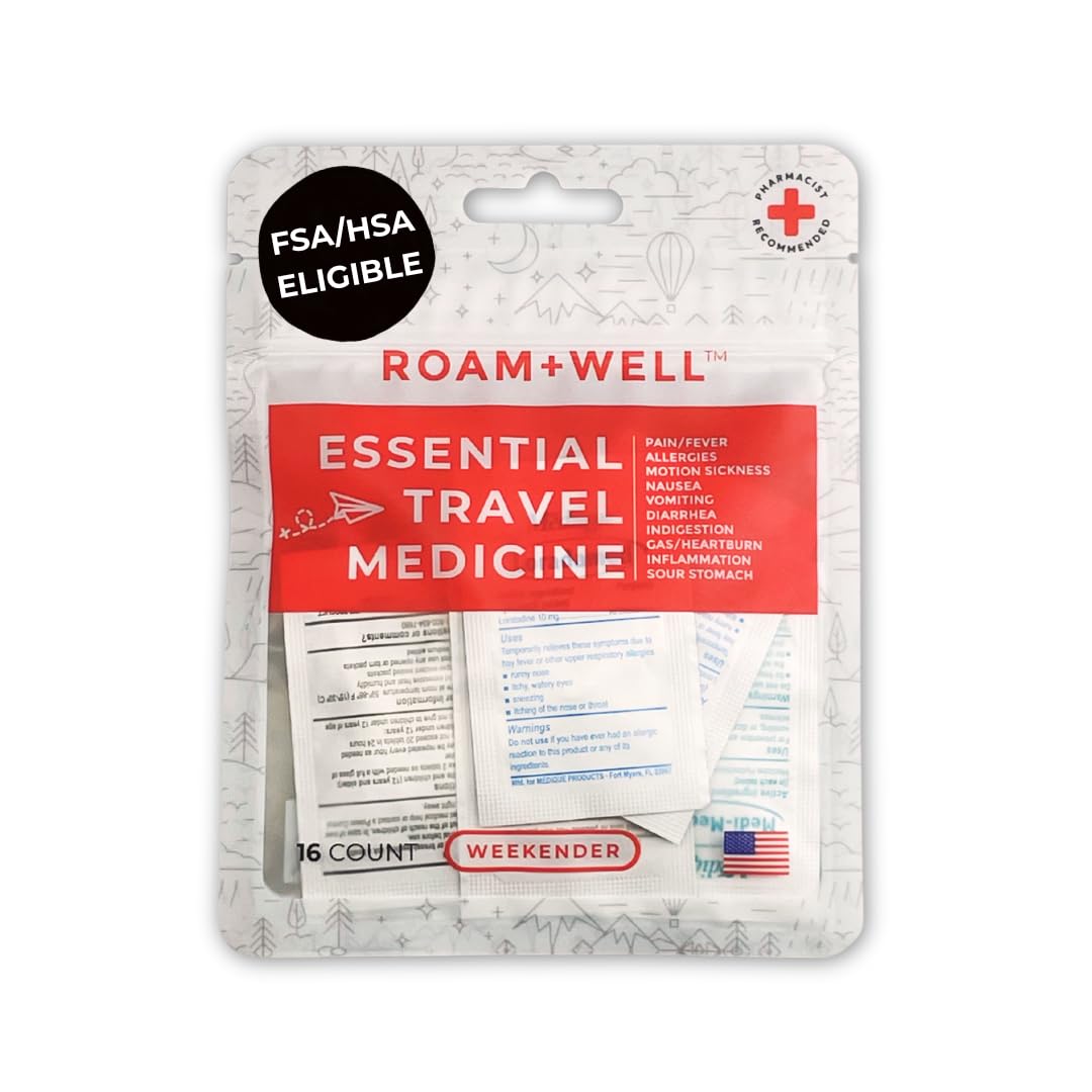 Essential Travel Medicine Kit, OTC Travel Medication, TSA Approved (Weekender | 16 Tablets)