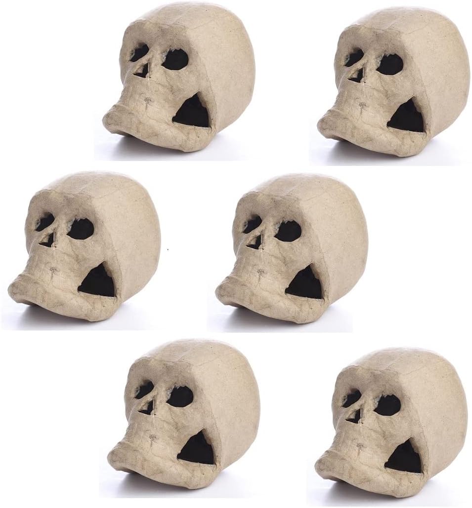 Factory Direct Craft Group of 6 Paper Mache Skulls for Halloween, Day of The Dead, Gothic | Create Eerie Skeletons or Sugar Skulls | 4"H