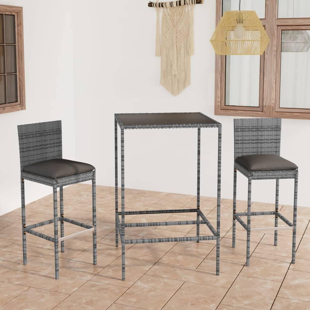 Grey PE Rattan Garden Bar Set with 2 Seat Cushions, 3-Piece Outdoor Furniture for Patio, Weather-Resistant and Durable Steel Frame, Modern Design for Balcony or Sunroom, Easy