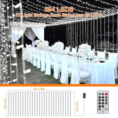 THKFUL 6x3M Curtain Lights Plug in for Bedroom,594LED Long Curtain Fairy Lights Indoor Window Waterfall Light with Remote Timer Waterproof for Hanging Wall Balocny Gazebo(White) - Image 3
