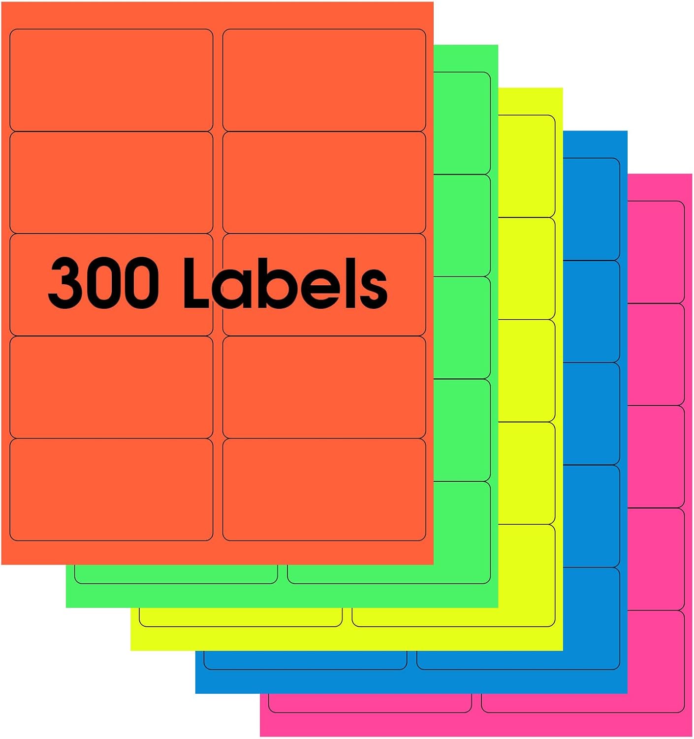 MaxGear 8-1/2" x 11" Neon Labels 5 Colors - Fluorescent Labels, for Inkjet or Laser Printer, for Efficient Sorting and Organization, Strong Adhesive, 2" x 4", 30 Sheets, 300 Pcs