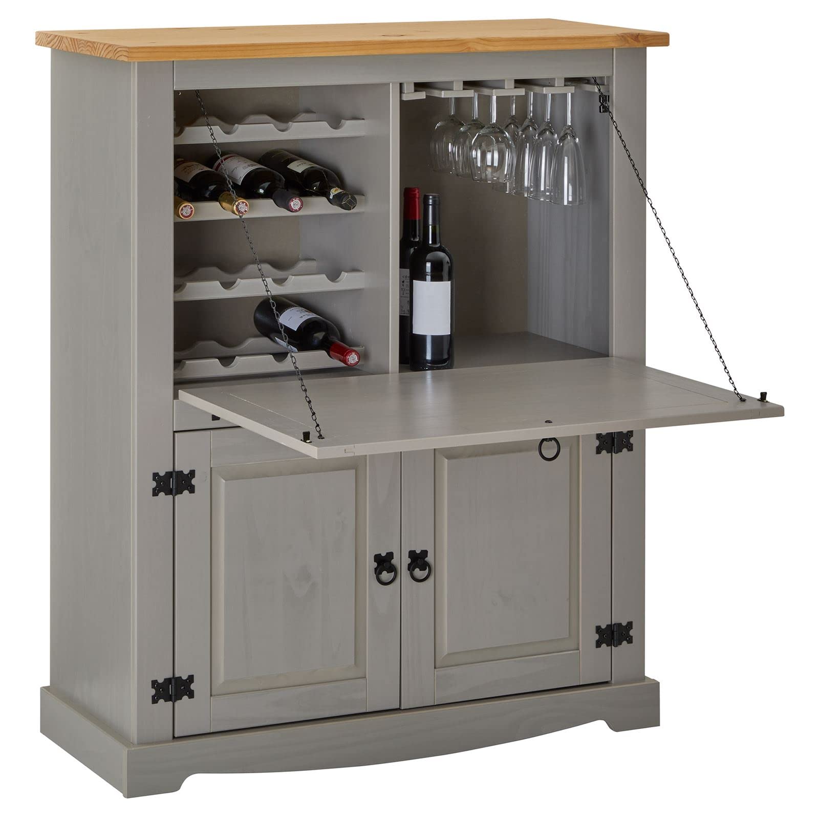 IDIMEX Meuble Bar à vin Tequila Armoire comptoir avec Range Bouteilles vin spiritueux et Range Verres, bahut de Style Mexicain en pin Massif lasuré Gris et Brun