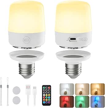 Minetom E26 Rechargeable Light Bulbs with Remote and Timer, 2 Pack