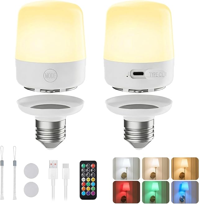 Minetom E26 Rechargeable Light Bulbs with Remote and Timer, 2 Pack | Battery light Bulb with 12 Colors, Brightness Dimmable, 2300mAh 40W Equivalent LED Bulbs for Lamps Sconces Camping Emergency