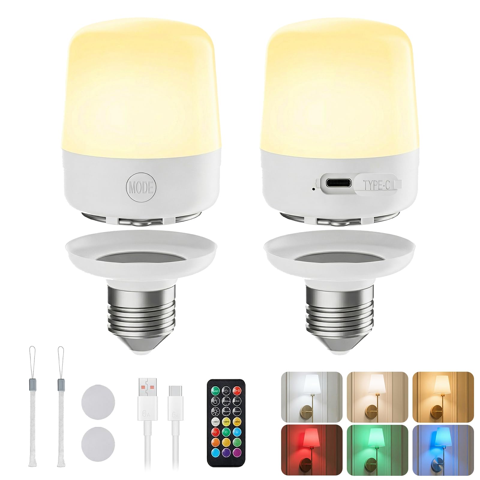 Photo 1 of Minetom E26 Rechargeable Light Bulbs with Remote and Timer, Battery Backup Bulb with 12 Colors and Brightness Dimmable, 2300mAh 40W Equivalent LED Light Bulbs for Lamps Sconces Camping, 2 Pack