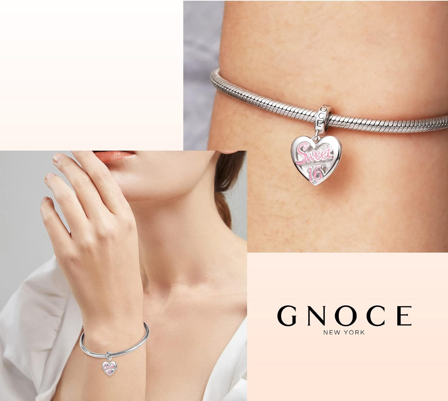 GNOCE "Sweet 16" Heart Engravable Pendant Dangle Charm 925 Sterling Silver Birthday Charms Fit Bracelets/Necklace Gift For Women