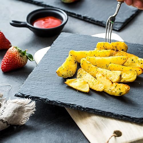 Miniatura 4 de GKICG Paquete de 4 tablas de queso de pizarra, bandeja de piedra de pizarra negra de 12 x 8 pulgadas con borde natural para queso, carne, aperitivos