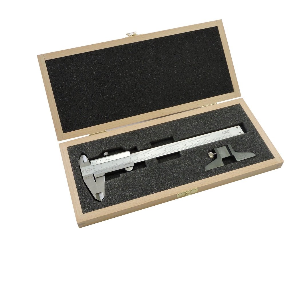 SET 2-tlg STEINLE Messschieber 1102 Analog - STEINLE Analog Messschieber 150 mm - STEINLE Tiefenmessbrücke 75 x 6,5 mm inkl. Holzetui