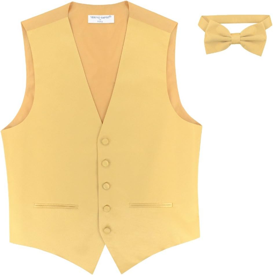 Vesuvio Napoli Mens SLIM FIT Dress Vest BowTie Solid BLACK Color Bow Tie Handkerchief Set