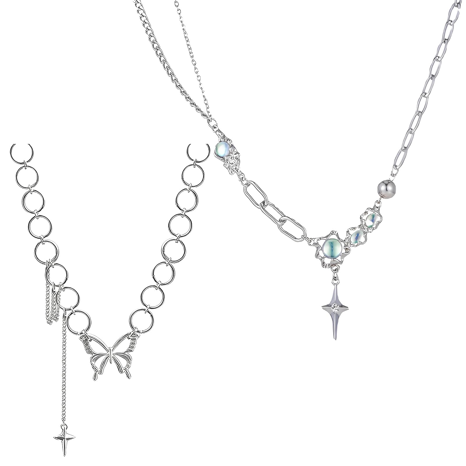 2 Pcs Y2K Accessories Chain Bracelet for Men Y2K Necklace, Stylish Unisex Silver Alloy Jewelry, Four-Pointed Star Pendant Design for Dailys Wear and Gifting