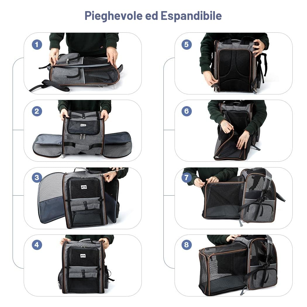 Zaino per Cani Gatti Grande Porta Animali Espandibile Per Cani Piccoli Gatti Medi Fino a 8 KG, con 4 ingressi Zaino Traspirante Porta Cuccioli Pieghevole Per Viaggi, Escursioni, Grigio