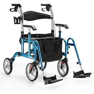 OasisSpace 2 in 1 Rollator Walker with Footrest - Transport Walker Chair with 10 inch Wheels, Walker with Cup Holder for Adult