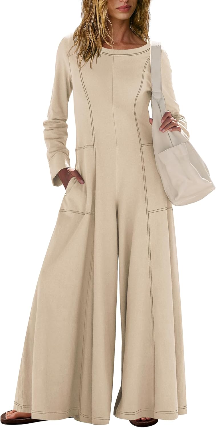 ReachMe Women Long Sleeve Wide Leg Jumpsuit One Piece Jumpsuits Casual Romper Spring Travel Outfits with Pockets - Image 2
