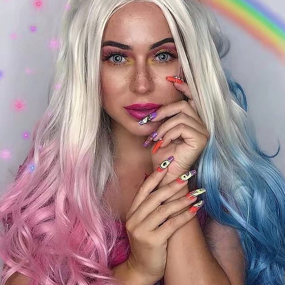 AFBeauty Pink Blue Wigs for Women ynthetic Lace Front Wig Long Wavy BlondeOmber Pink Blue Cosplay Wig Heat Resistant Fiber Glueless Wigs for Drag Queen Party - Image 2