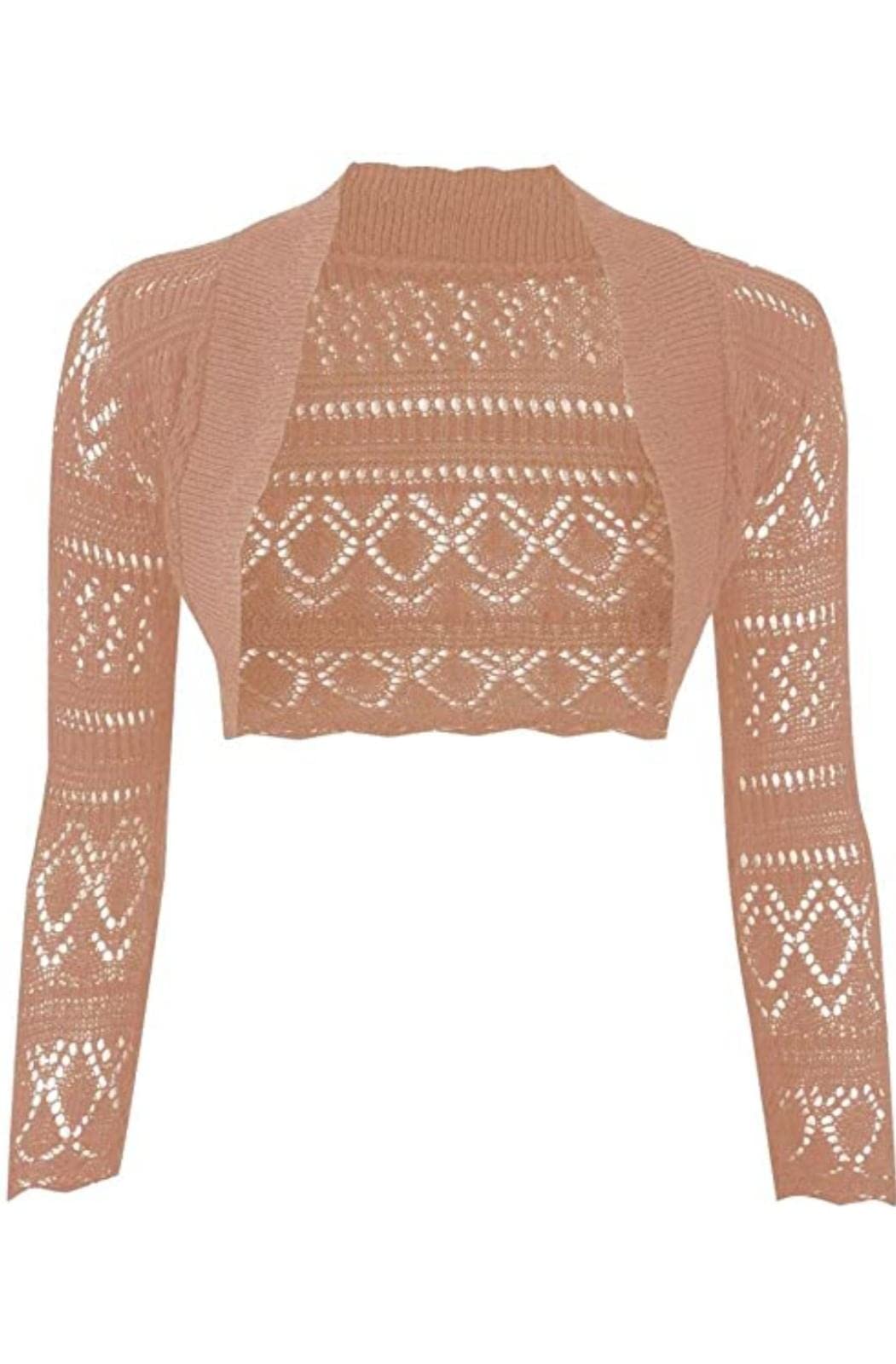 JJ CLOTHING Women's Long Sleeve Crochet Bolero Shrug Plain Cropped Knitted Open Cardigan (Mocha, S/M)