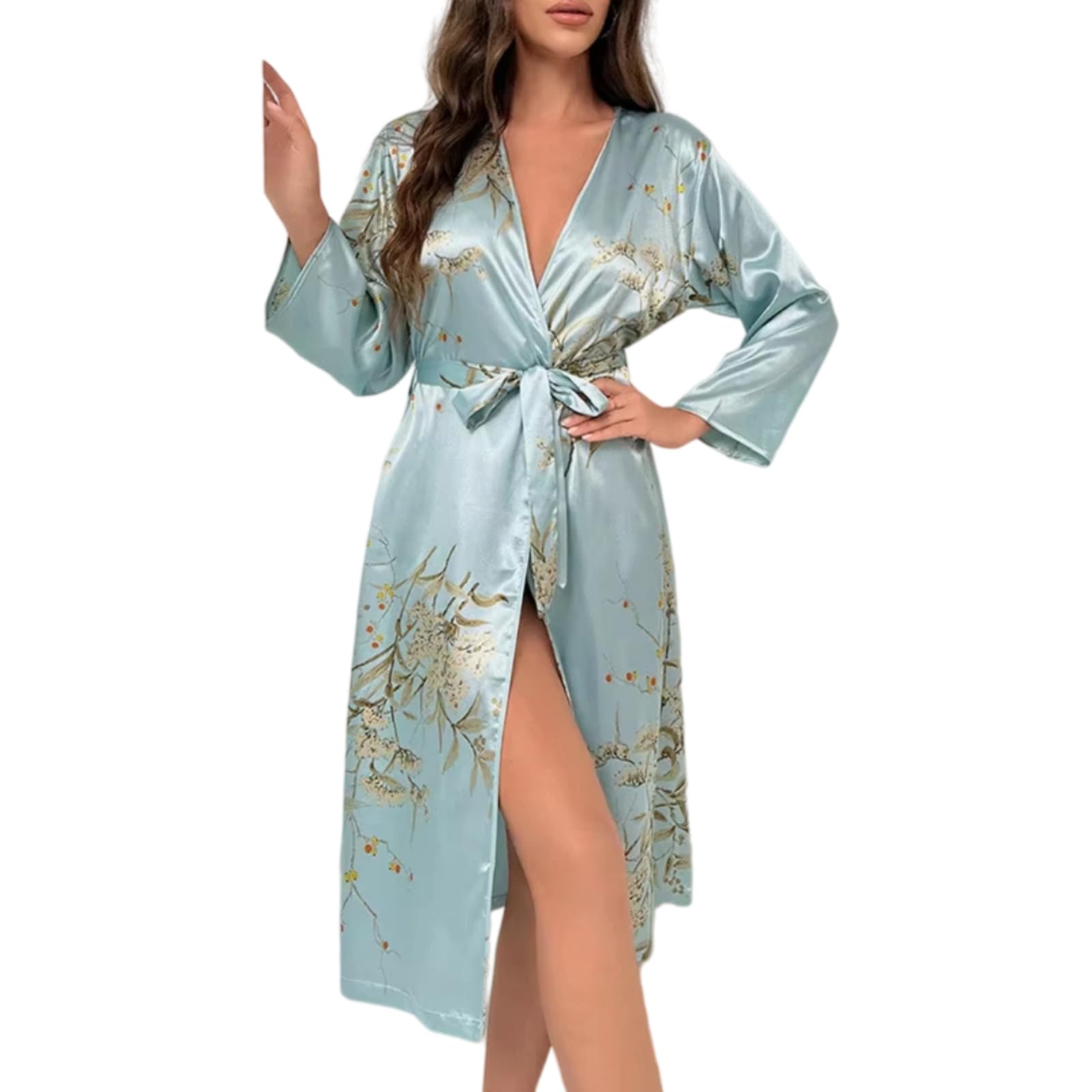 Camicia Notte Satin Decorativa Kimono Accappatoio Lungo Donna(Natura blu A,as6,alpha,x_l,regular,regular)