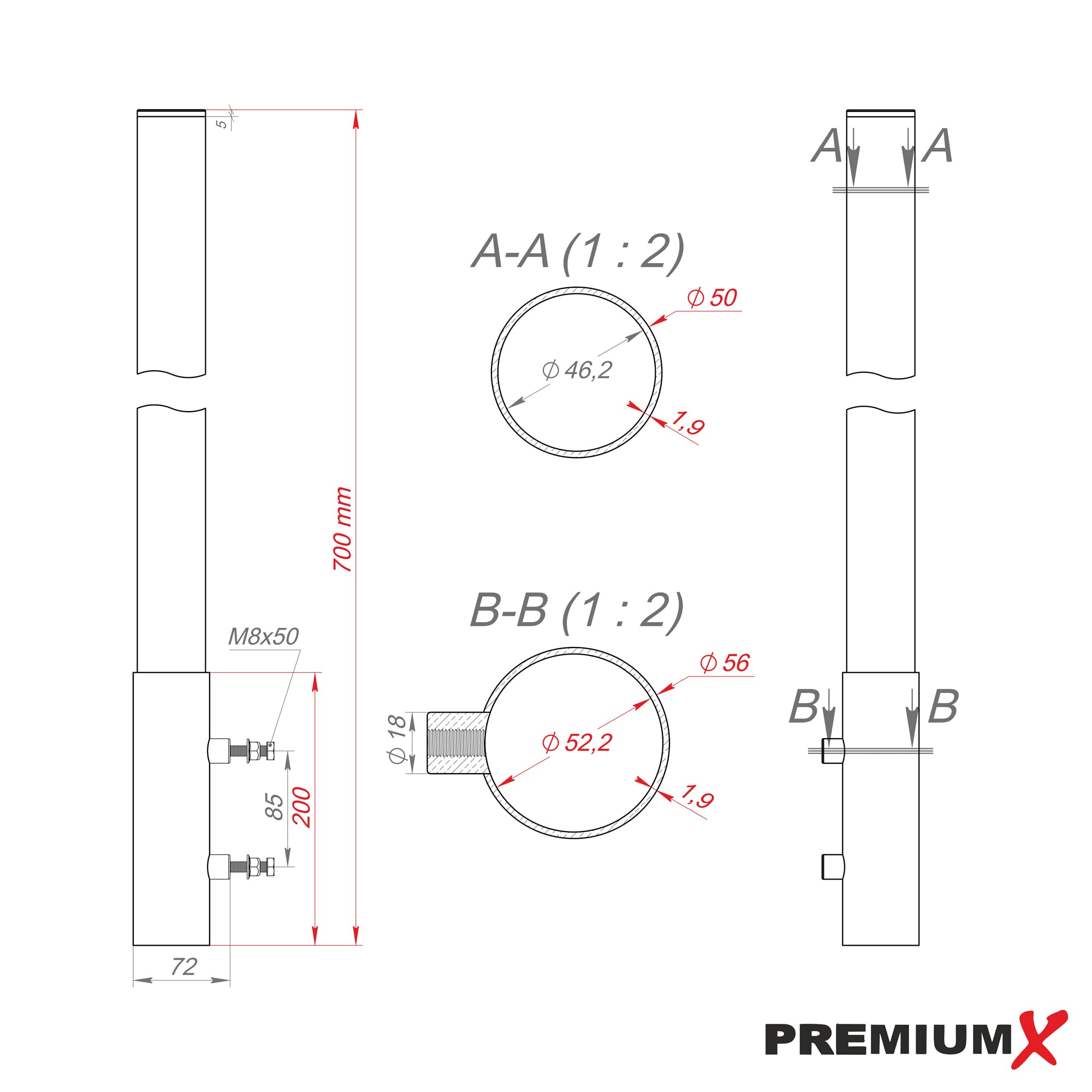 PremiumX Prolunga del palo 70cm Ø 50mm - Prolunga del palo in alluminio per supporti di antenne e parabole satellitari