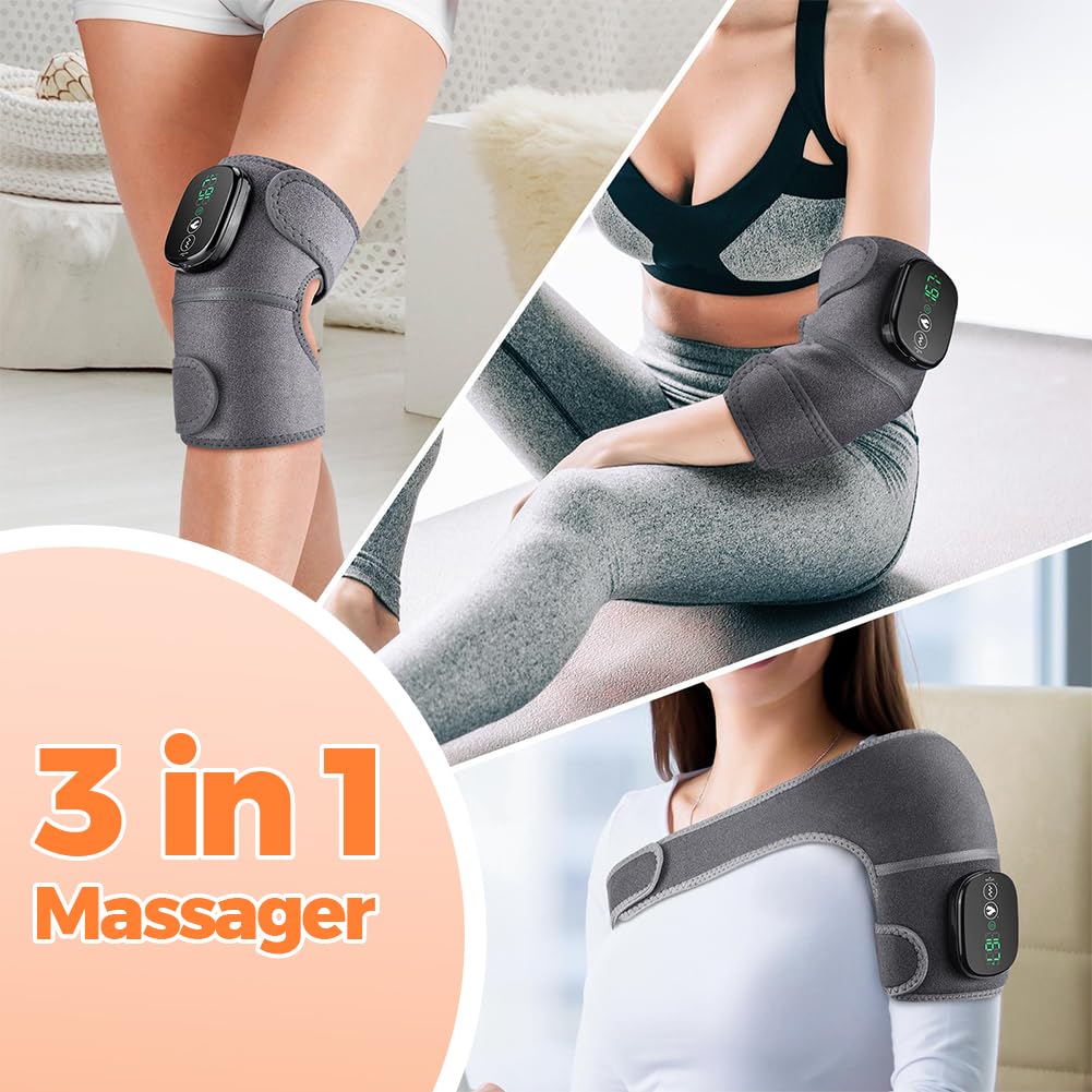 Joyzan Masseur de Genoux, Massage Genoux 3 in 1 Genouillère Chauffante Sans Fil Fonction de Vibrations Appareil Massage Pour Genou Épaule Coude Mollet 2 Ceinture D'extension Température à 3 Vitesses